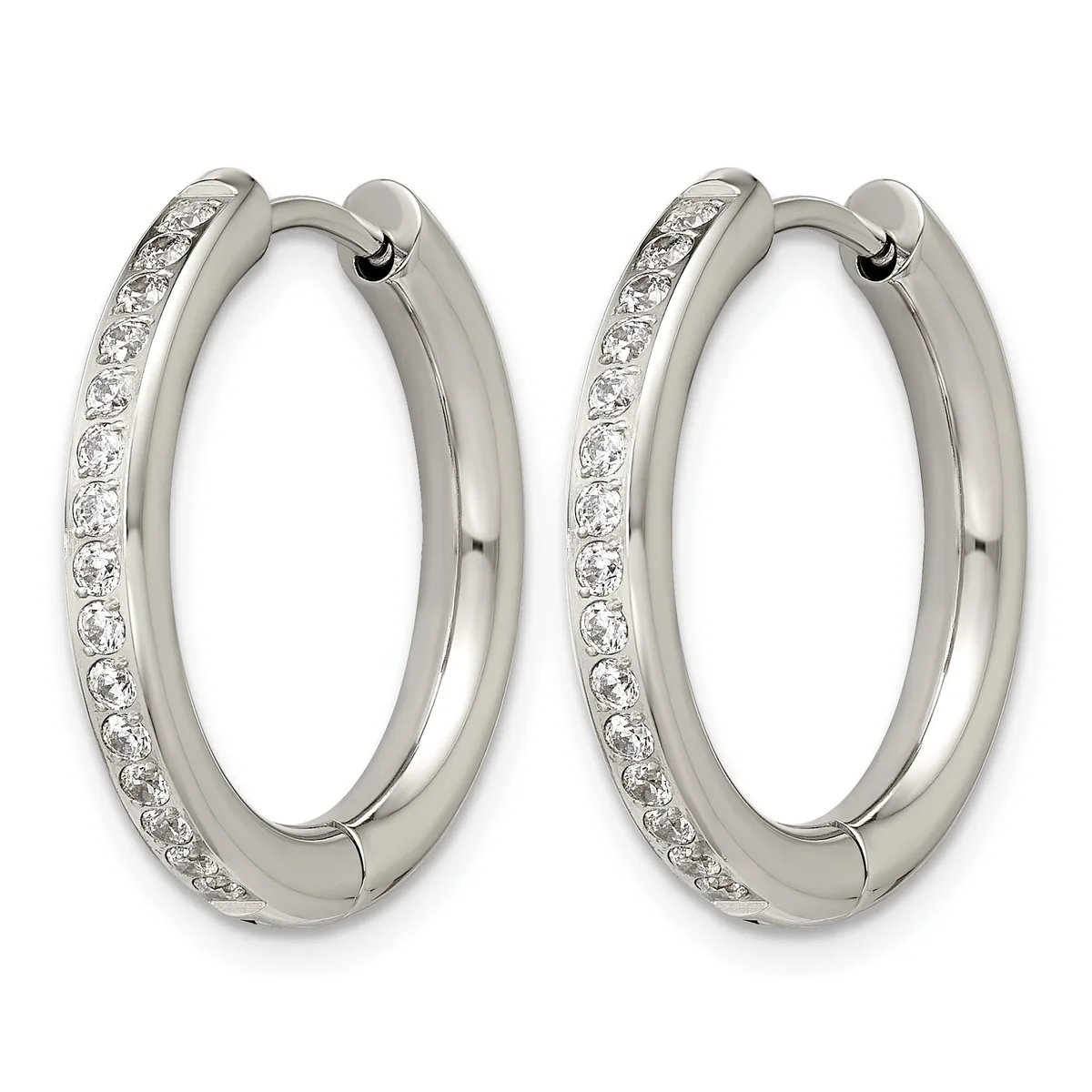 A pair of silver hoop earrings with diamond accents along the outer edge, shown against a white background.