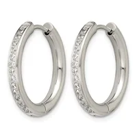 A pair of silver hoop earrings with diamond accents along the outer edge, shown against a white background.