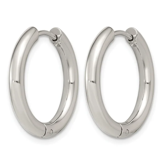 A pair of polished silver-toned chunky hoop earrings with hinged closures, shown from the front against a white background.