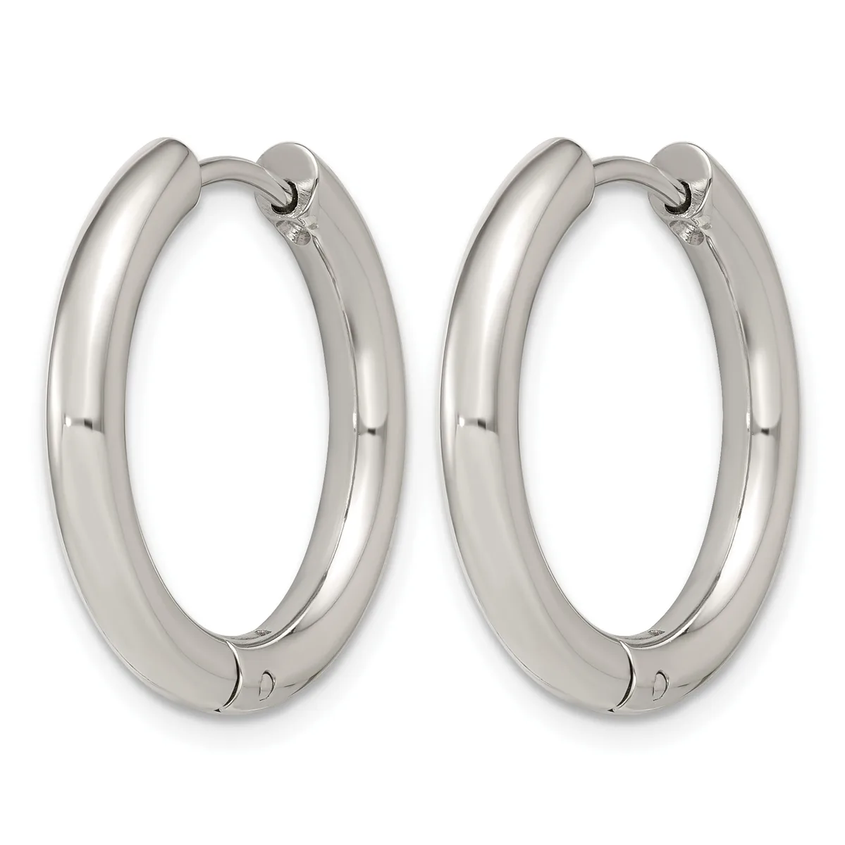 A pair of polished silver-toned chunky hoop earrings with hinged closures, shown from the front against a white background.