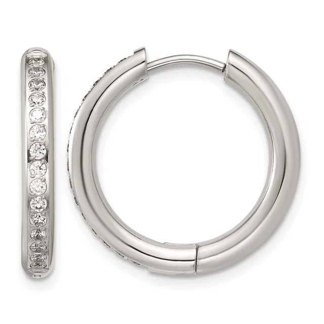 A pair of polished silver-tone hoop earrings with hinged closures, one displayed flat and one standing upright, both lined with round white crystals along the inner edge.