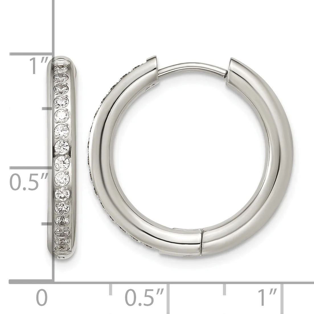 A pair of silver hoop earrings with diamond accents along the outer edge, shown with a measurement scale indicating approximately one inch in diameter.