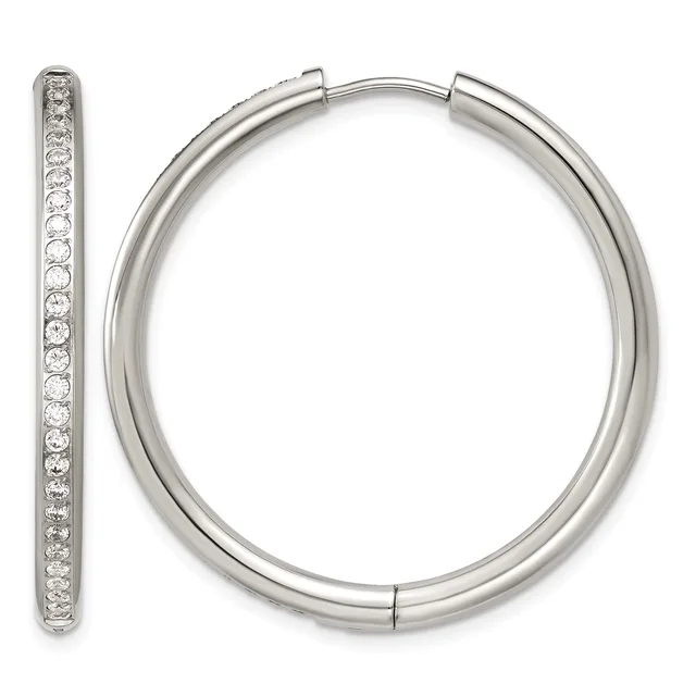 A pair of silver hoop earrings with diamond accents along the inner edges, shown from front and side views.