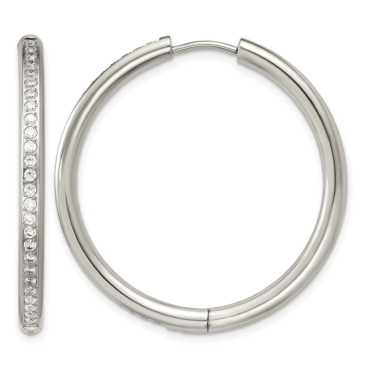 A pair of silver hoop earrings with diamond accents along the inner edges, shown from front and side views.