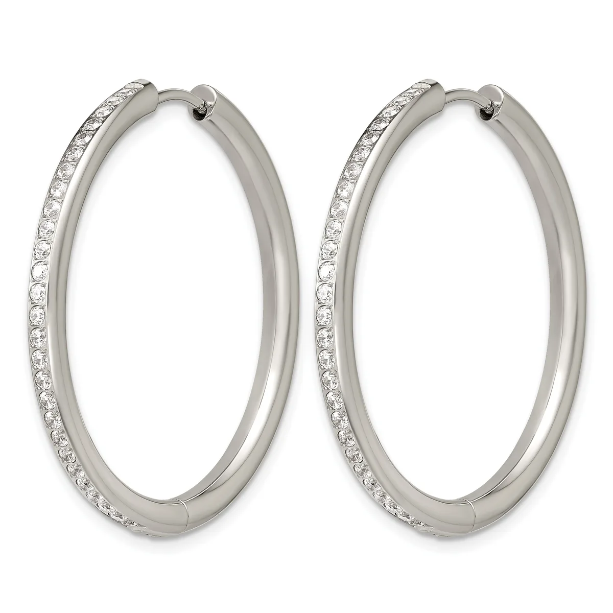A pair of silver hoop earrings with crystal rhinestones set along the outer edge, shown against a white background.
