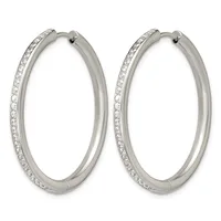 A pair of silver hoop earrings with crystal rhinestones set along the outer edge, shown against a white background.