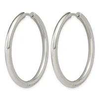 A pair of polished silver-toned hoop earrings with hinged closures, displayed side by side against a white background.
