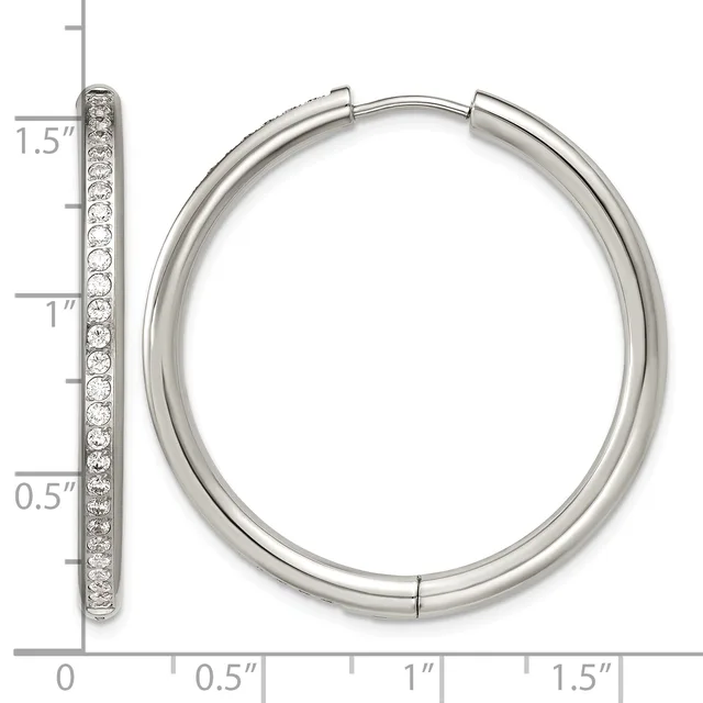 A silver hoop earring with diamond accents shown from front and side views, with a measurement scale indicating the earring is approximately 1.5 inches in diameter.