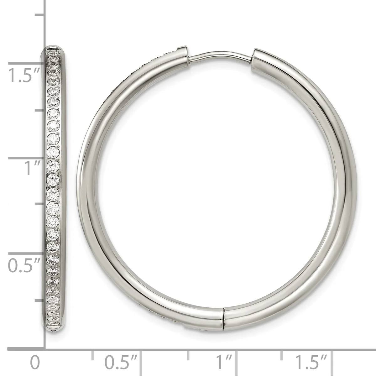 A silver hoop earring with diamond accents shown from front and side views, with a measurement scale indicating the earring is approximately 1.5 inches in diameter.