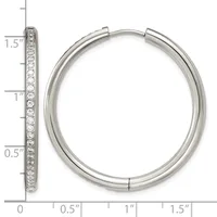 A silver hoop earring with diamond accents shown from front and side views, with a measurement scale indicating the earring is approximately 1.5 inches in diameter.