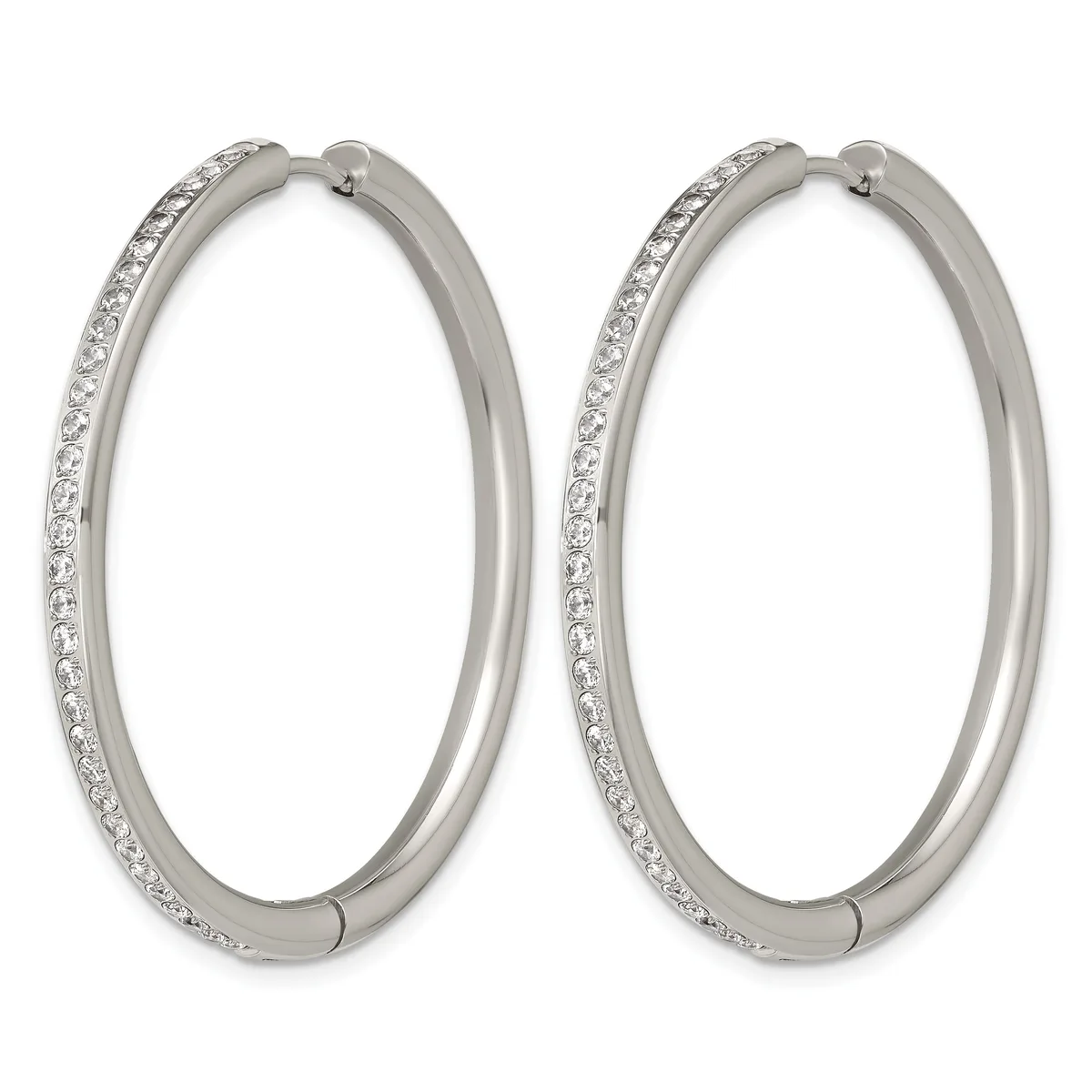 A pair of silver-toned hoop earrings with crystal or rhinestone embellishments along the outer edge, shown against a white background.