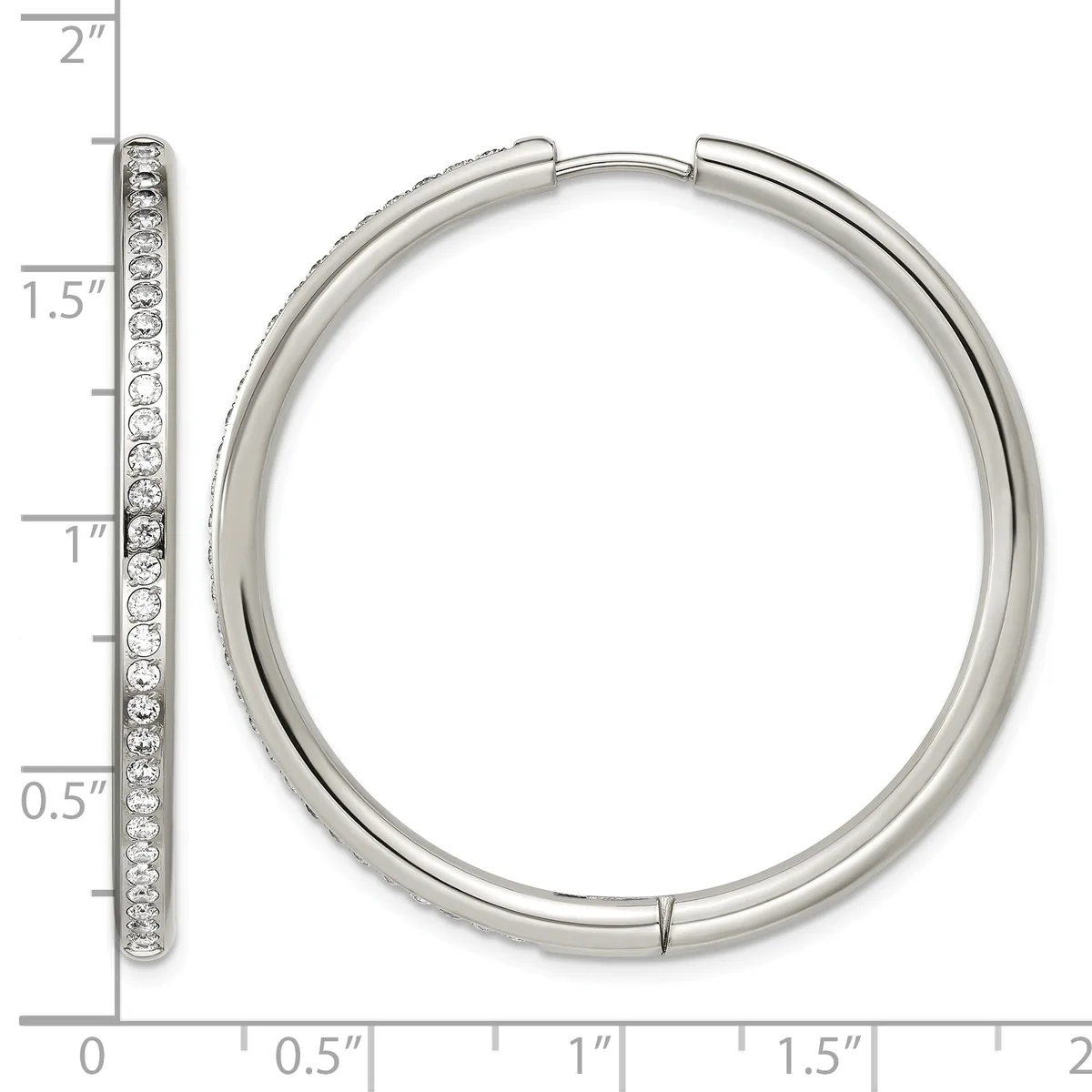 A silver hinge hoop earring with a row of round stones set along the front, displayed next to a ruler showing it measures approximately 1.5 inches in diameter.