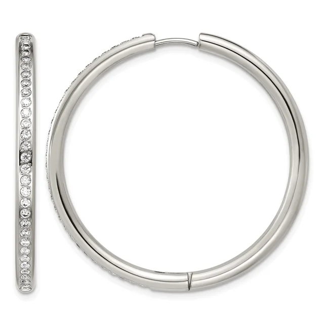 A pair of silver hoop earrings with hinged closures, shown from the front and side view, featuring a polished finish and a row of small round crystals set along the outer edge of each hoop.
