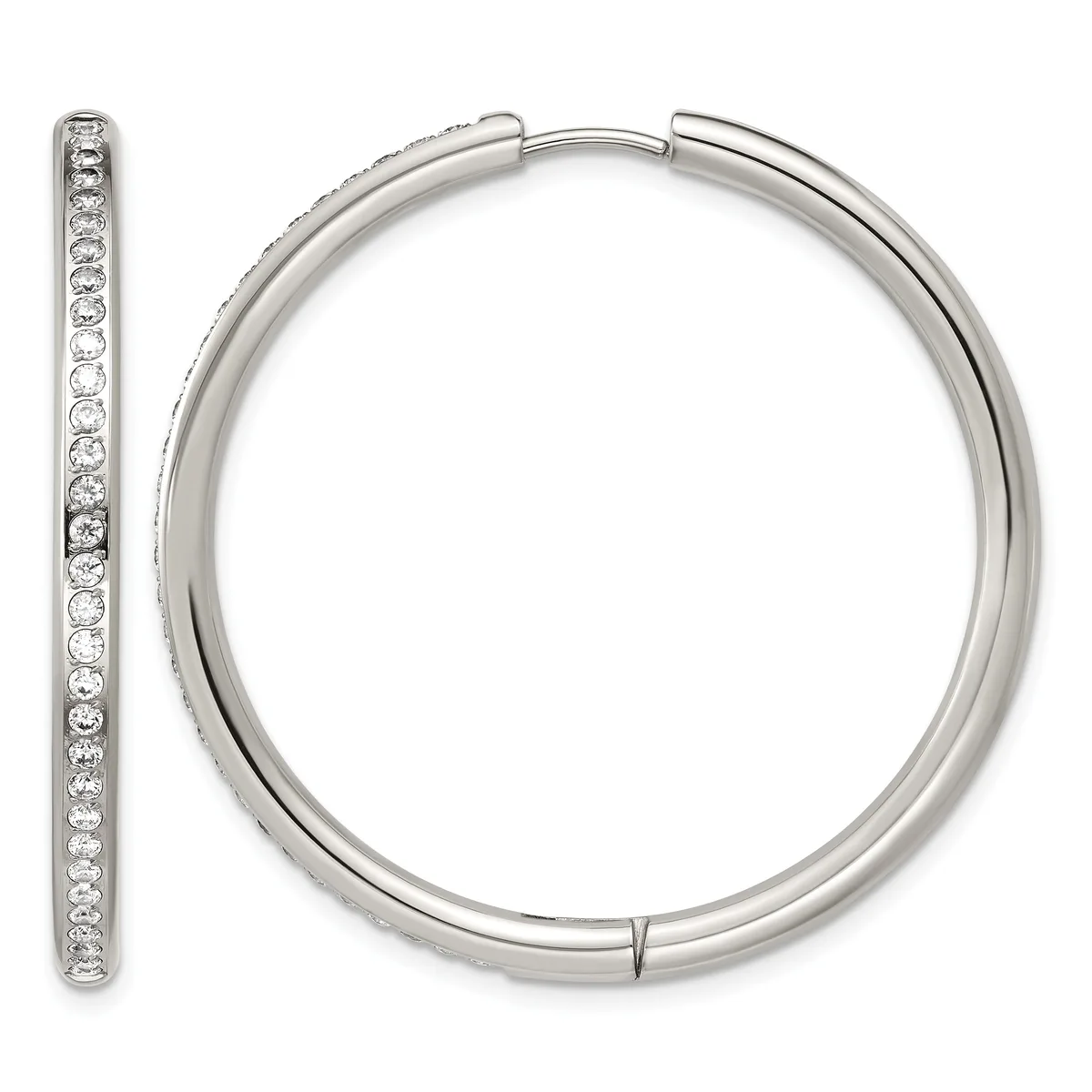A pair of silver hoop earrings with hinged closures, shown from the front and side view, featuring a polished finish and a row of small round crystals set along the outer edge of each hoop.