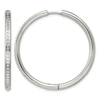 A pair of silver hoop earrings with hinged closures, shown from the front and side view, featuring a polished finish and a row of small round crystals set along the outer edge of each hoop.