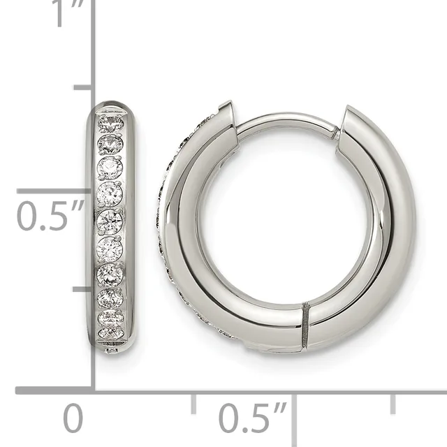 Silver hoop earrings with hinged closure, featuring a channel of round diamonds set along the outer surface, shown with measurement scale indicating approximately 0.5 inch diameter.