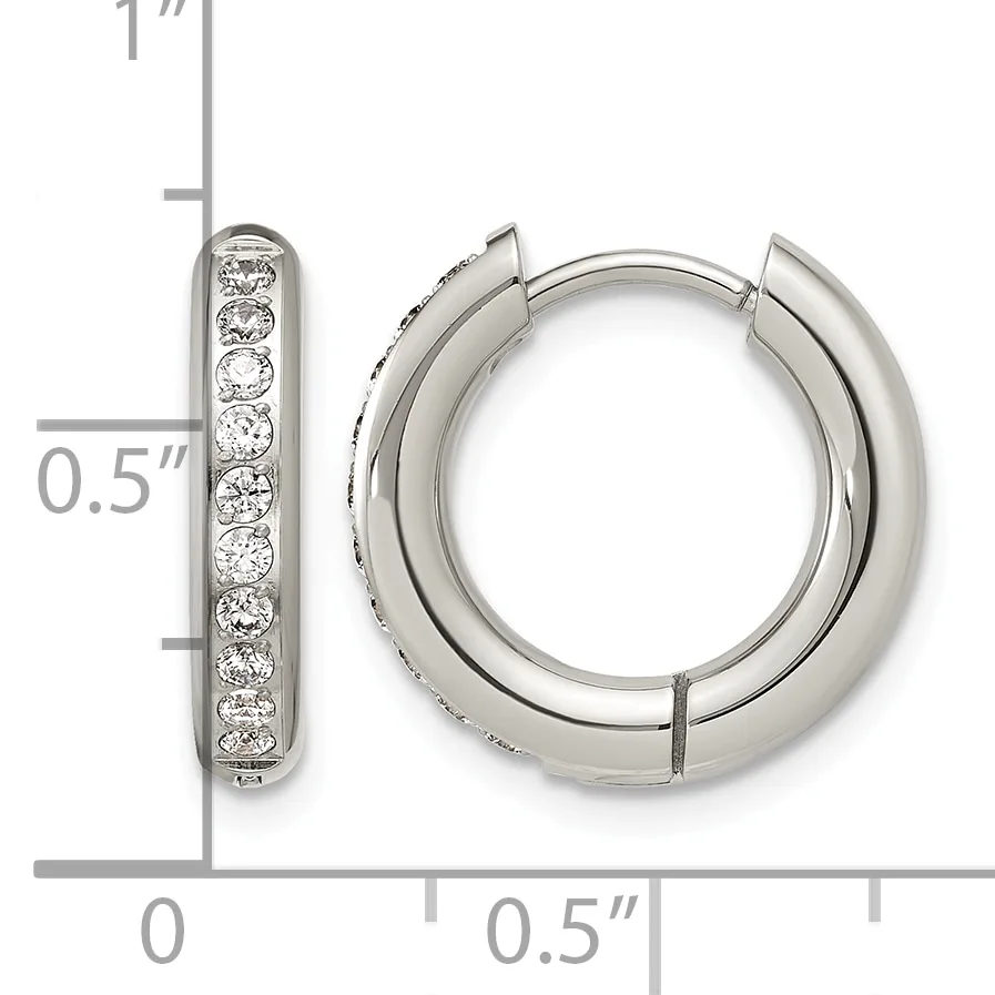 Silver hoop earrings with hinged closure, featuring a channel of round diamonds set along the outer surface, shown with measurement scale indicating approximately 0.5 inch diameter.