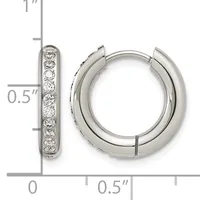 Silver hoop earrings with hinged closure, featuring a channel of round diamonds set along the outer surface, shown with measurement scale indicating approximately 0.5 inch diameter.