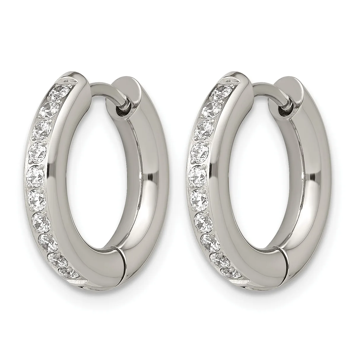 A pair of silver hoop earrings with channel-set round diamonds along the outer edges, shown from the front against a white background.