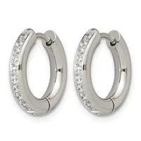 A pair of silver hoop earrings with channel-set round diamonds along the outer edges, shown from the front against a white background.