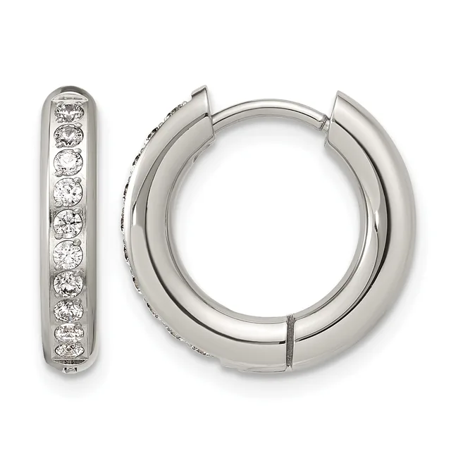 Pair of silver-toned hoop earrings with hinged backs, one featuring a single vertical line of round white crystals or diamonds down the center.