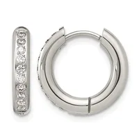 Pair of silver-toned hoop earrings with hinged backs, one featuring a single vertical line of round white crystals or diamonds down the center.