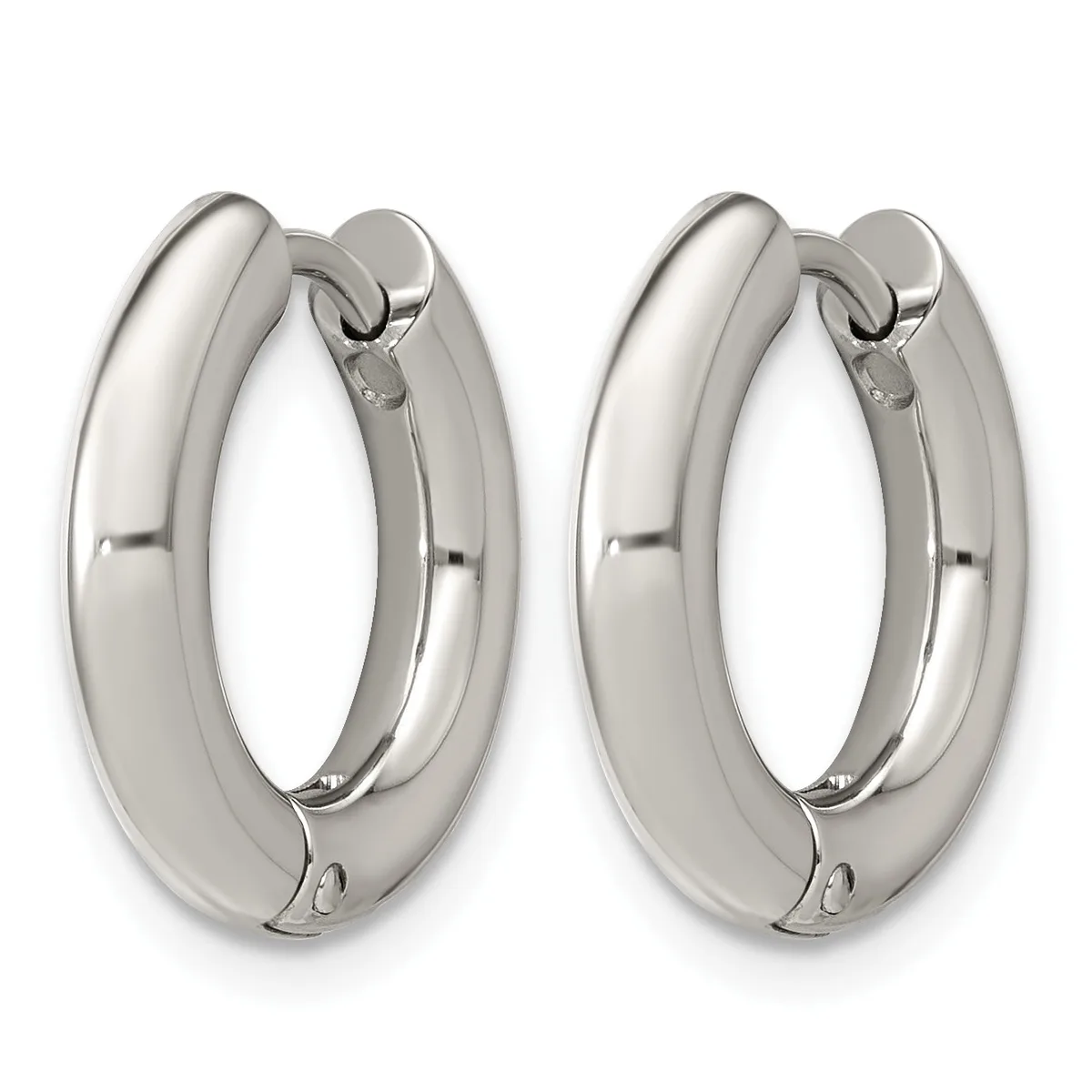 A pair of polished silver-tone chunky hoop earrings with a smooth, rounded profile and hinged closures, shown from the front.