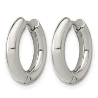 A pair of polished silver-tone chunky hoop earrings with a smooth, rounded profile and hinged closures, shown from the front.