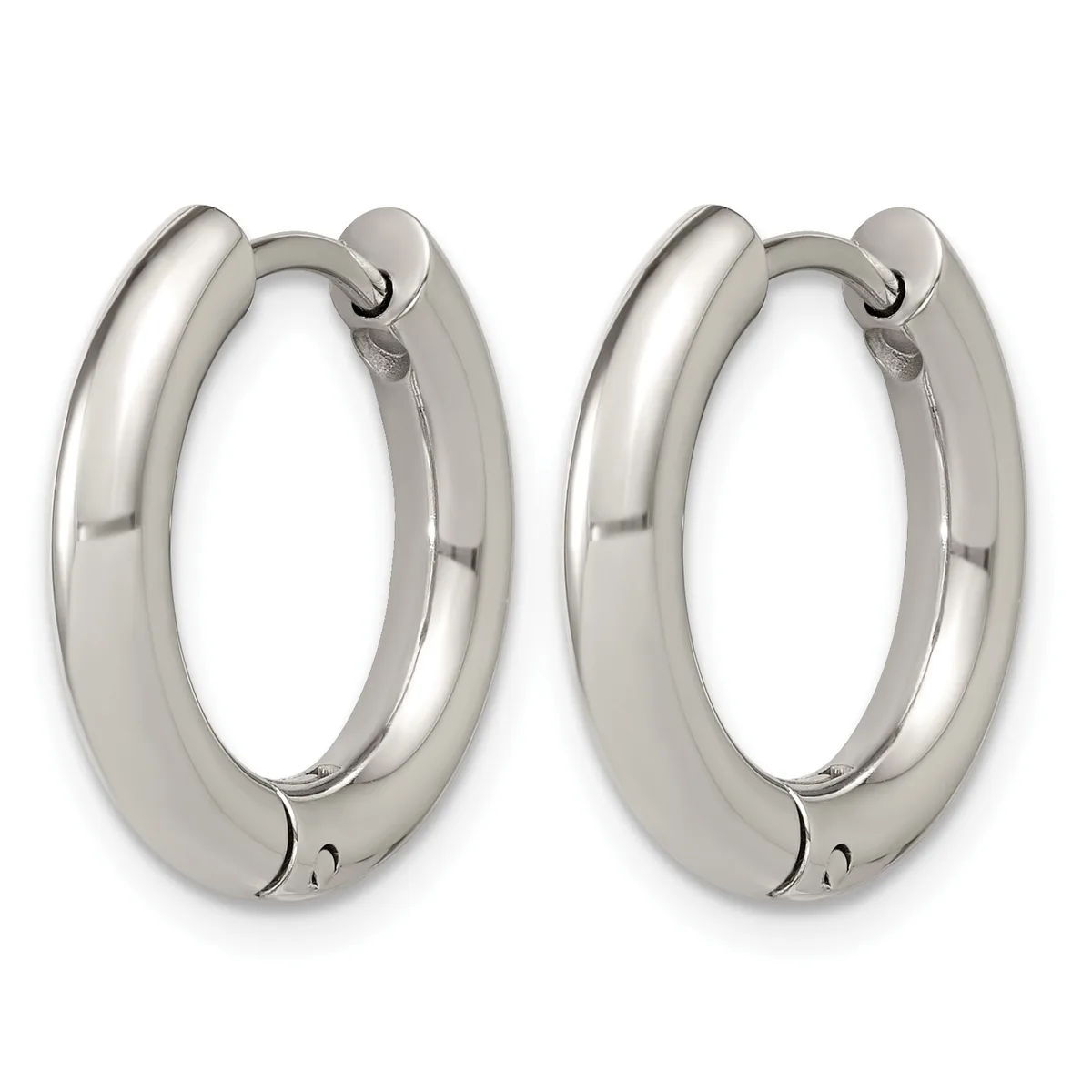 A pair of polished silver-toned chunky hoop earrings with hinged closures, displayed against a white background.