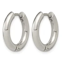 A pair of polished silver-toned chunky hoop earrings with hinged closures, displayed against a white background.