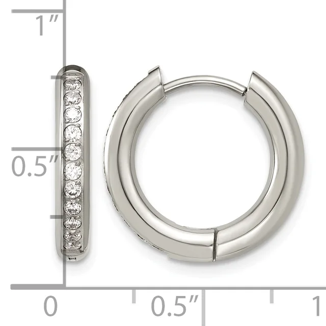 Silver hoop earrings with hinged closure, featuring a channel of round diamonds along the outer edge, shown with measurement scale indicating approximately one inch in length.