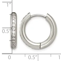Silver hoop earrings with hinged closure, featuring a channel of round diamonds along the outer edge, shown with measurement scale indicating approximately one inch in length.