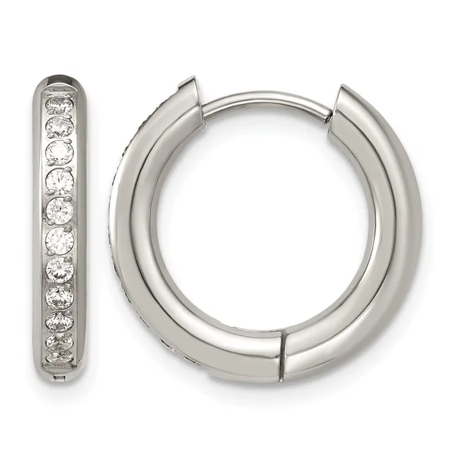 A pair of silver hoop earrings with a hinged clasp, one plain and polished, the other set with round cubic zirconia stones along its length.
