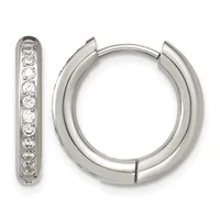 A pair of silver hoop earrings with a hinged clasp, one plain and polished, the other set with round cubic zirconia stones along its length.