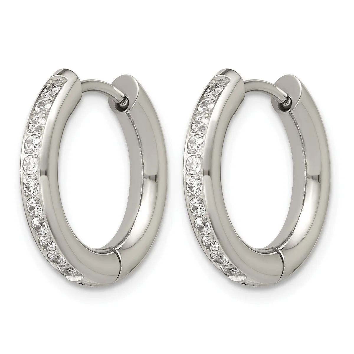 A pair of silver hoop earrings with a polished finish and a single row of round diamonds set along the outer edge.