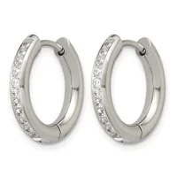 A pair of silver hoop earrings with a polished finish and a single row of round diamonds set along the outer edge.