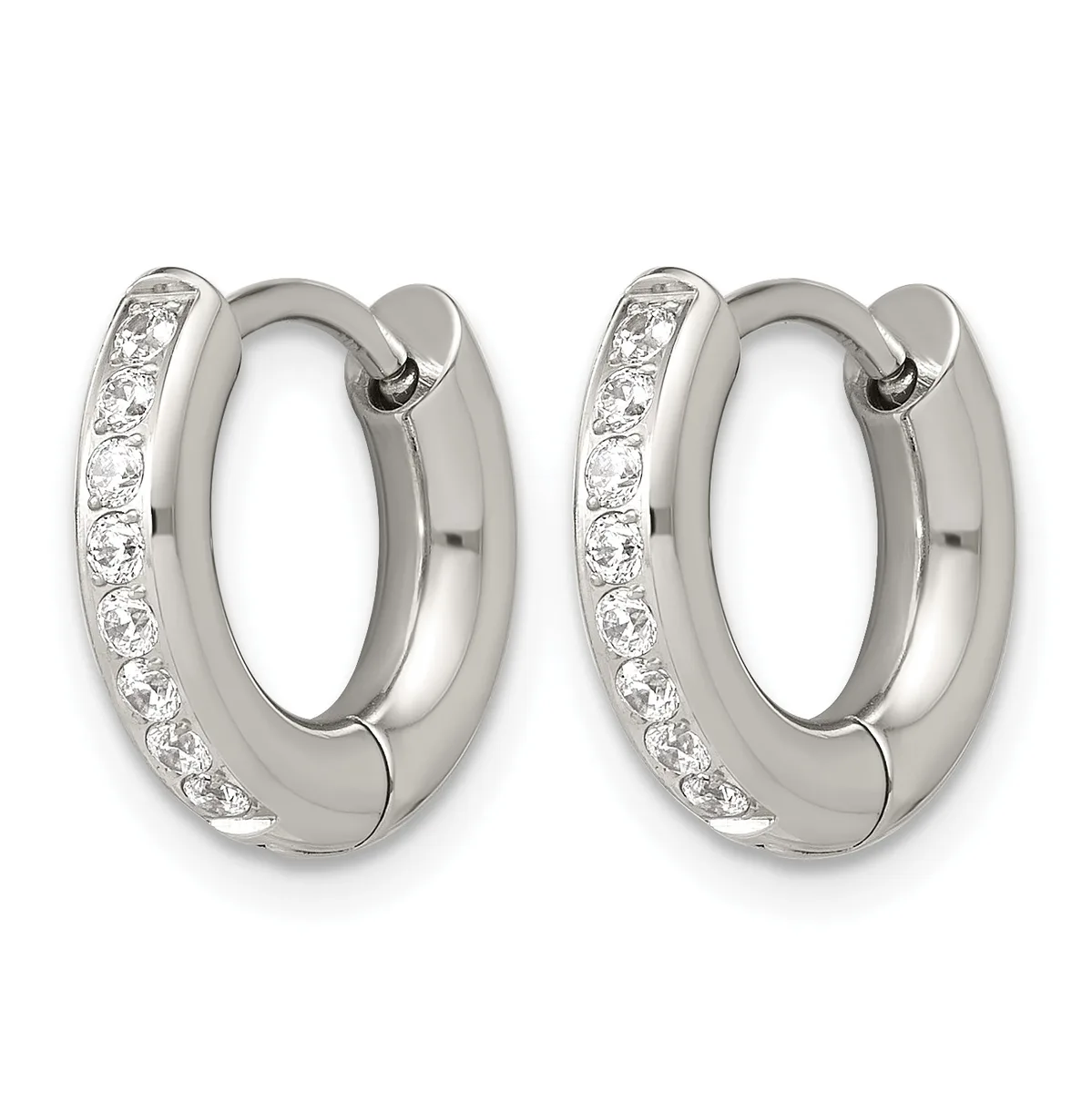 A pair of silver hoop earrings with diamond accents along one side, shown from the front against a white background.