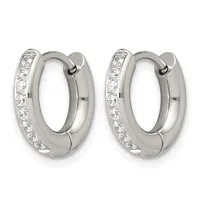A pair of silver hoop earrings with diamond accents along one side, shown from the front against a white background.
