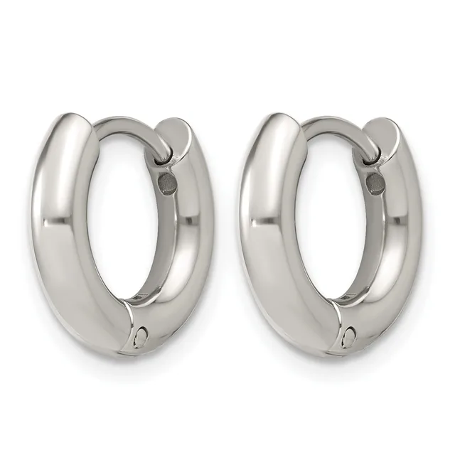 A pair of polished silver-toned chunky hoop earrings with hinged closures, shown from the front against a white background.