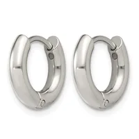 A pair of polished silver-toned chunky hoop earrings with hinged closures, shown from the front against a white background.