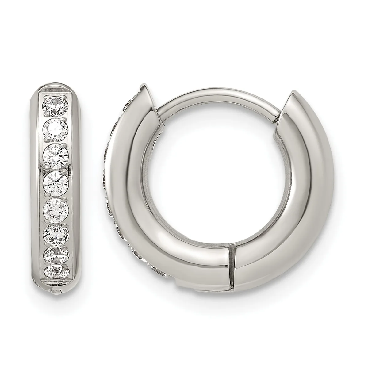 A pair of silver hoop earrings with a polished finish, one displaying a row of round brilliant-cut diamonds along the inner surface.
