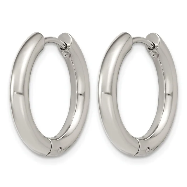 A pair of polished silver-toned chunky hoop earrings with a hinged closure, shown against a white background.