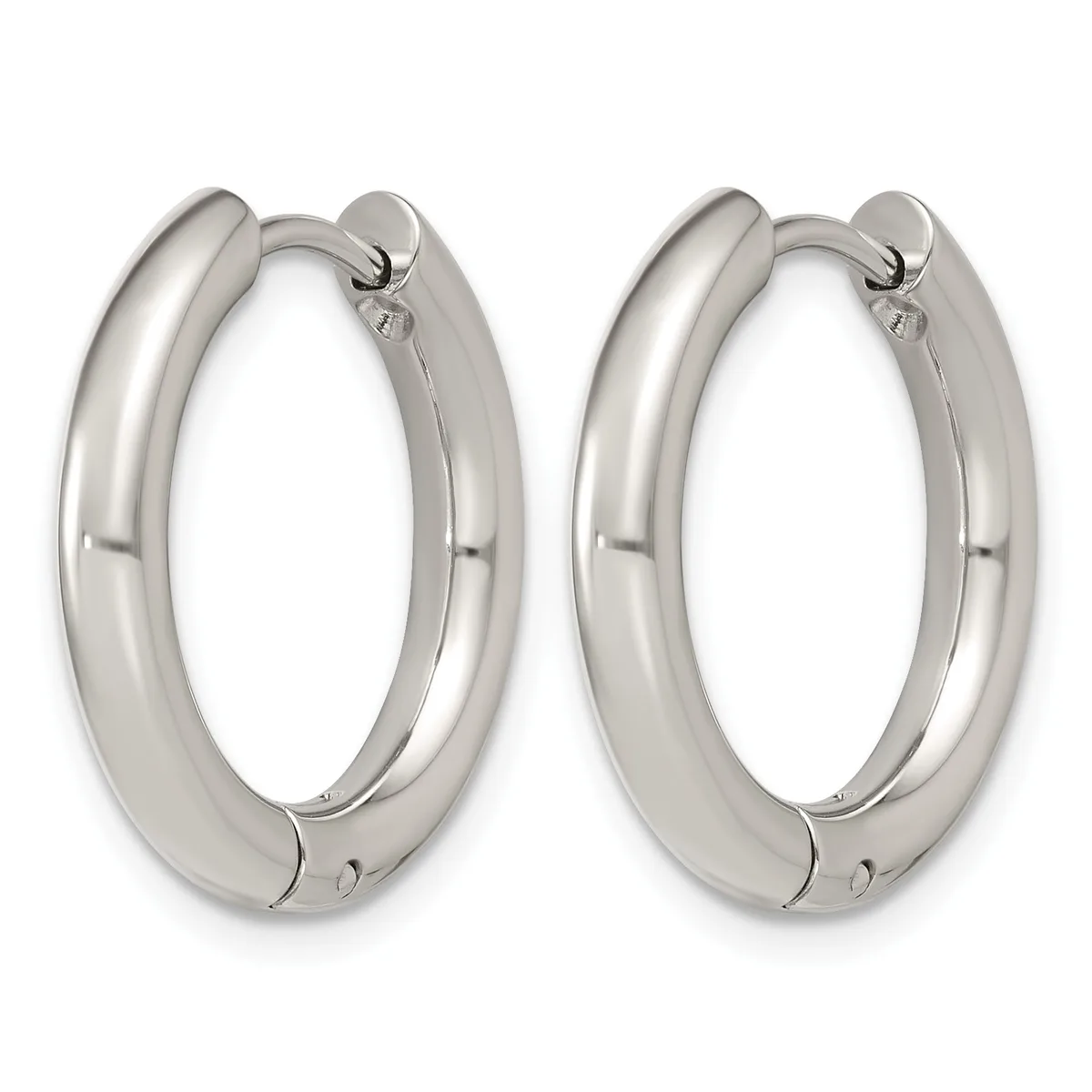 A pair of polished silver-toned chunky hoop earrings with a hinged closure, shown against a white background.