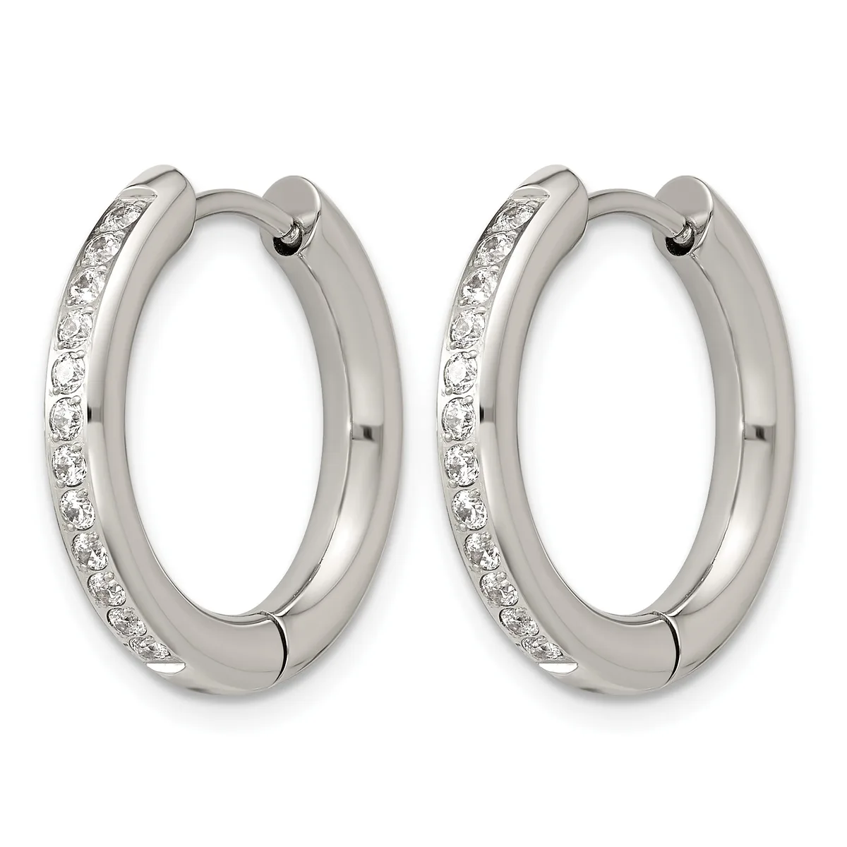 Pair of silver hoop earrings with diamond accents along the outer edge and hinged closures.