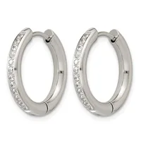 Pair of silver hoop earrings with diamond accents along the outer edge and hinged closures.