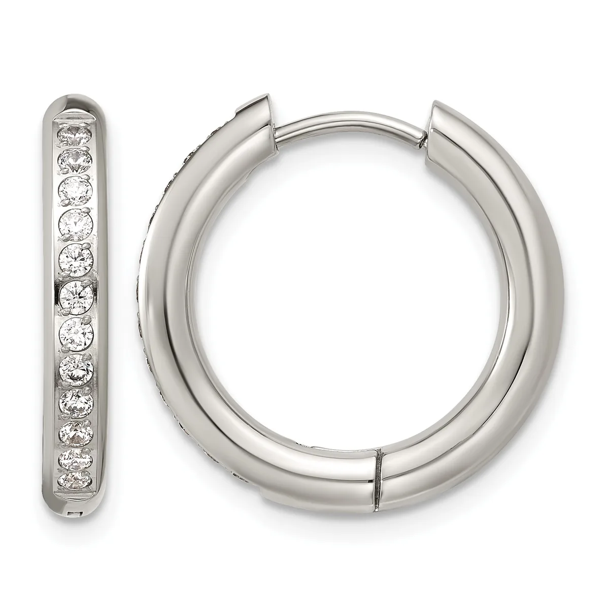 A pair of silver hoop earrings with hinged closures, one displaying a row of round diamonds set along its surface.