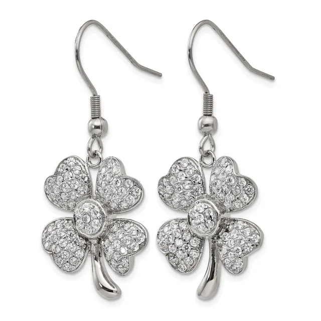 A pair of silver four-leaf clover earrings with crystal rhinestones hanging from hook-style ear wires.