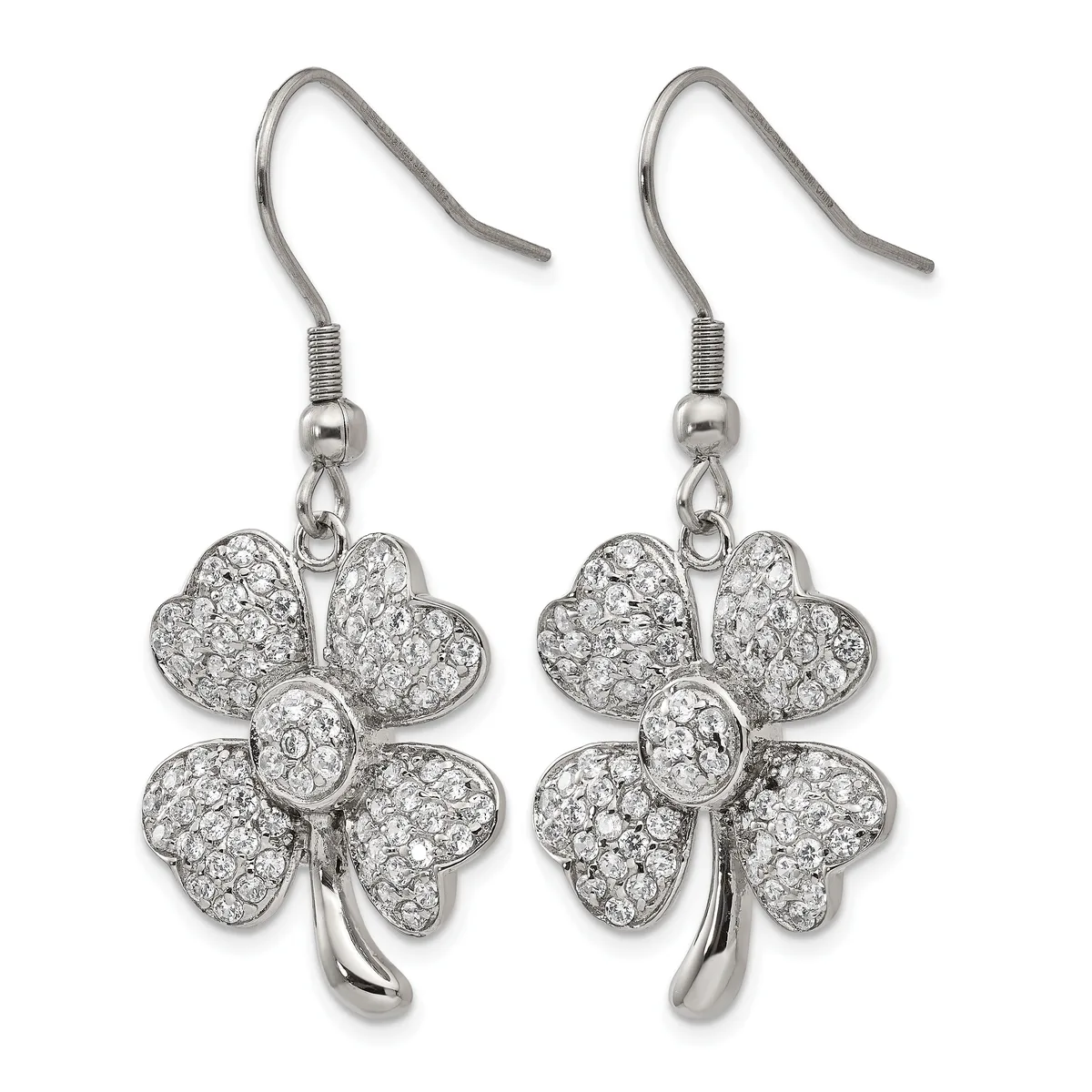 A pair of silver four-leaf clover earrings with crystal rhinestones hanging from hook-style ear wires.