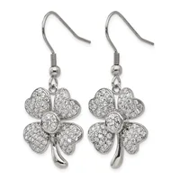 A pair of silver four-leaf clover earrings with crystal rhinestones hanging from hook-style ear wires.