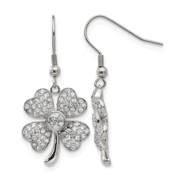 A pair of silver four-leaf clover earrings with crystal rhinestones and hook-style ear wires, shown from front and side views.